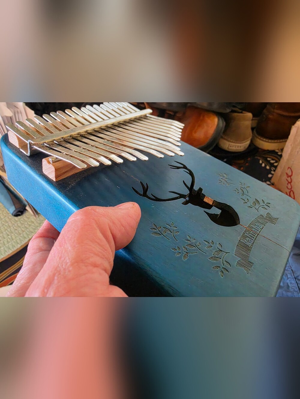 Handheld Blue Kalimba Thumb Piano with Deer Motif